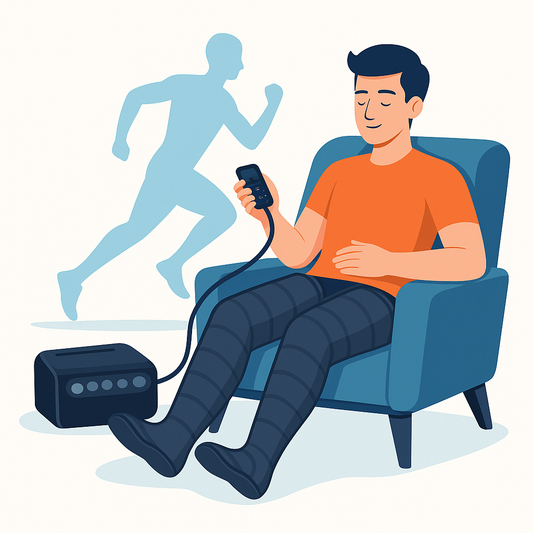 Illustration vectorielle d’un athlète utilisant des bottes de pressothérapie après l’entraînement, symbolisant la récupération musculaire et la relaxation sportive.