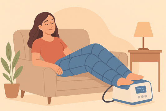 Femme utilisant des bottes de pressothérapie à domicile sur un canapé, illustration minimaliste dans le style TheroPRESS