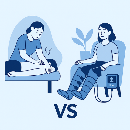 Illustration vectorielle d’une comparaison entre un massage manuel classique et une séance de pressothérapie moderne à domicile avec des bottes de compression