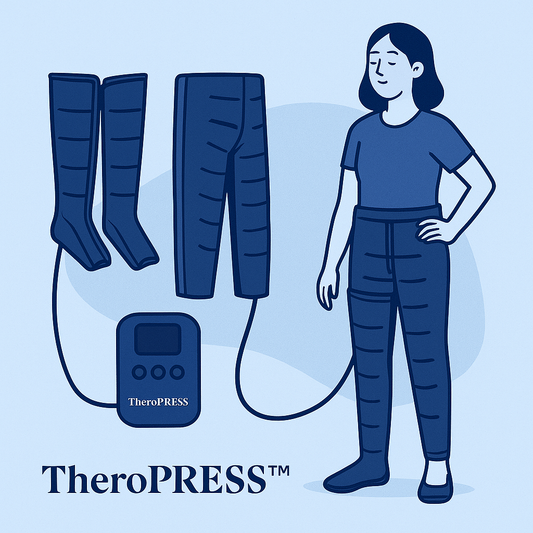 Illustration comparant bottes, pantalon et appareil de pressothérapie TheroPRESS avec une femme debout portant l'équipement.