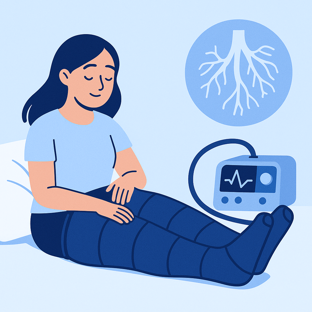 Illustration vectorielle montrant un corps humain stylisé avec des flèches symbolisant la circulation sanguine et lymphatique, et des bottes de compression en fonctionnement.