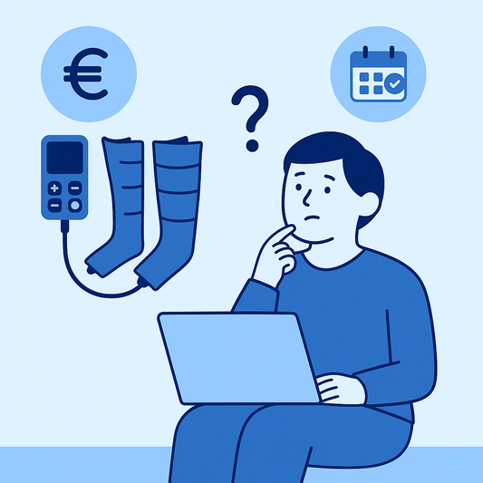 Illustration d’une personne comparant l’achat et la location d’un appareil de pressothérapie à domicile, dans un style doux et professionnel