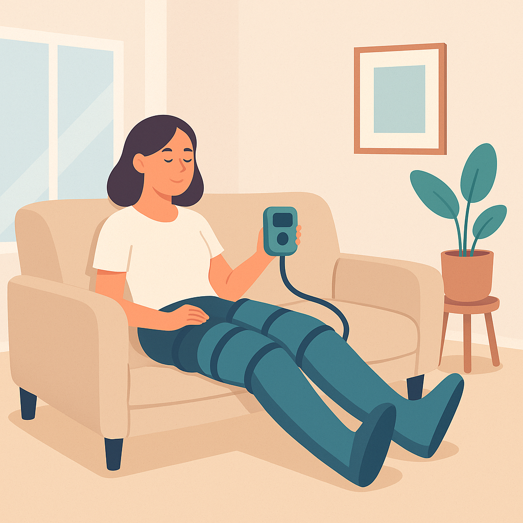 Illustration vectorielle d’une femme utilisant un appareil de pressothérapie maison avec pantalon de pressothérapie dans un salon moderne.