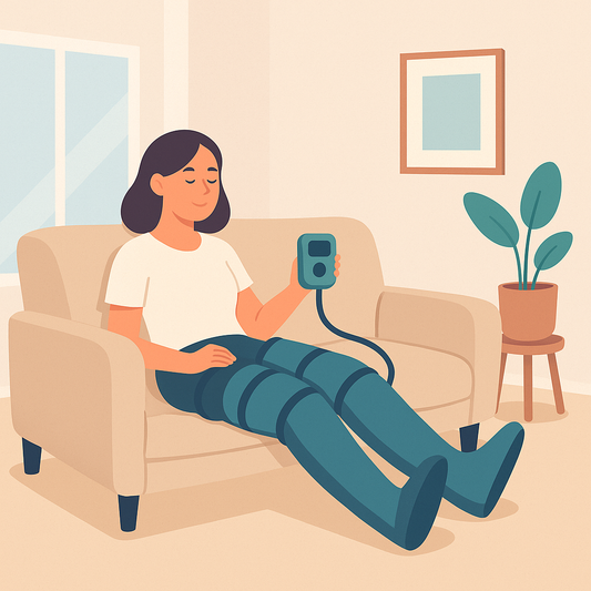 Illustration vectorielle d’une femme utilisant un appareil de pressothérapie maison avec pantalon de pressothérapie dans un salon moderne.