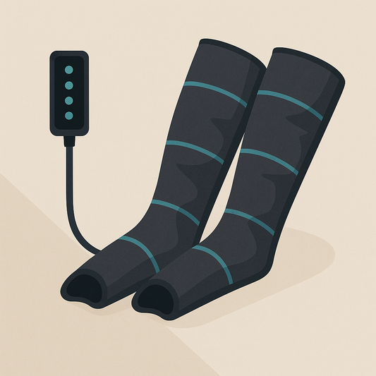 Illustration vectorielle de bottes de pressothérapie noires connectées à une unité de contrôle – massage par compression d’air.