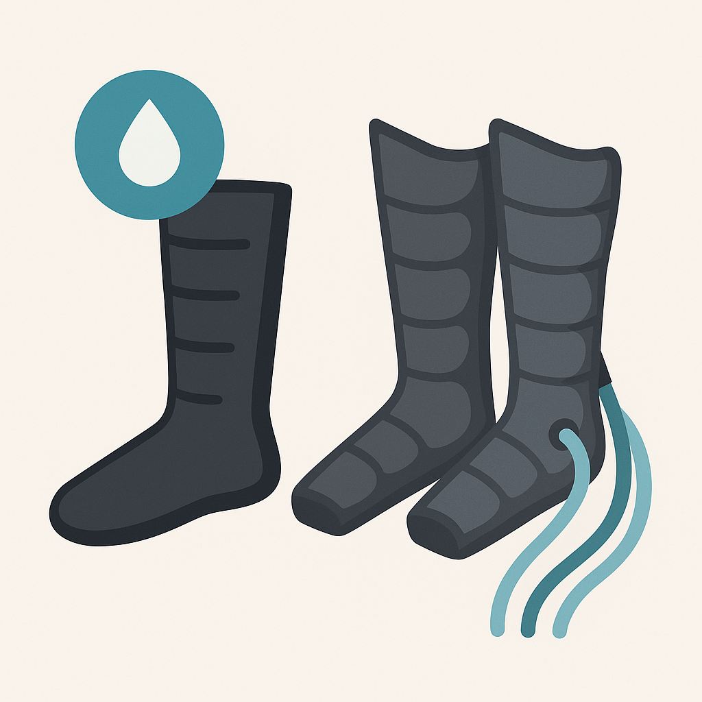 Illustration comparant des bottes de compression et des bottes de pressothérapie, montrant la différence entre pression continue et massage séquentiel.