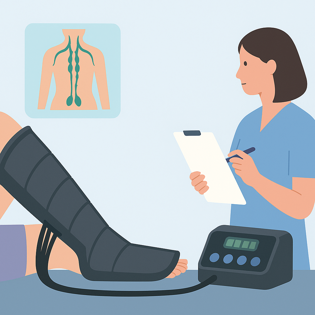 Illustration vectorielle d’une séance de pressothérapie pour drainage lymphatique, avec bottes de compression et contrôle médical.