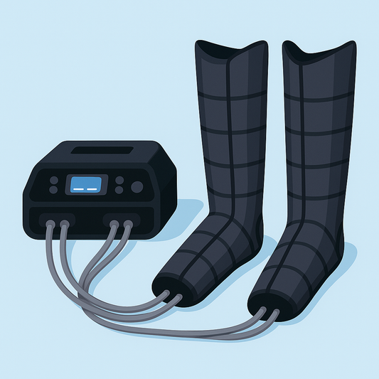 Illustration d’une machine de pressothérapie avec bottes de compression noires, représentant un appareil moderne pour le drainage et la récupération.