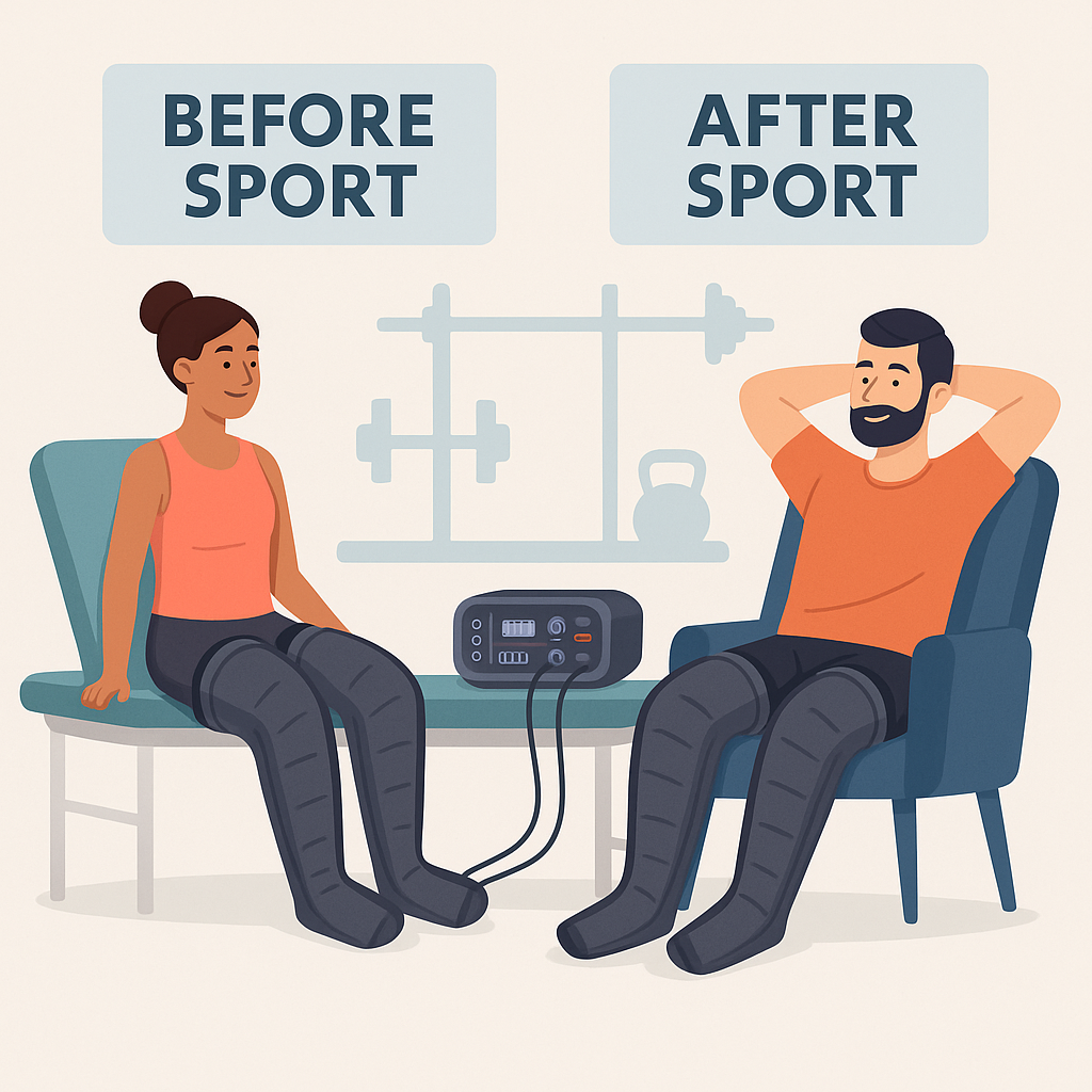 Illustration vectorielle d’un homme et d’une femme utilisant la pressothérapie avant et après le sport pour améliorer la circulation et la récupération musculaire.