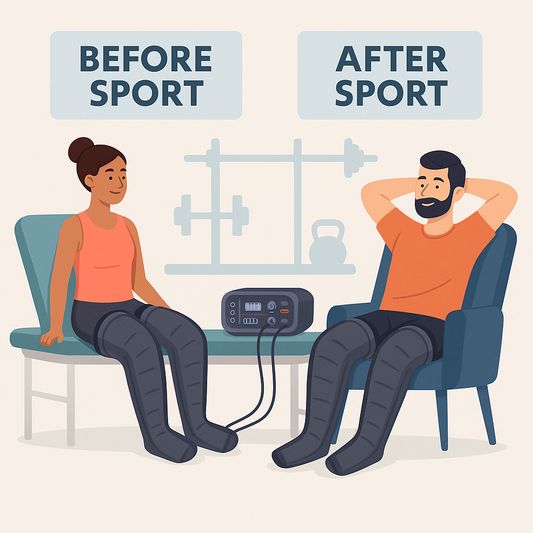 Illustration vectorielle d’un homme et d’une femme utilisant la pressothérapie avant et après le sport pour améliorer la circulation et la récupération musculaire.
