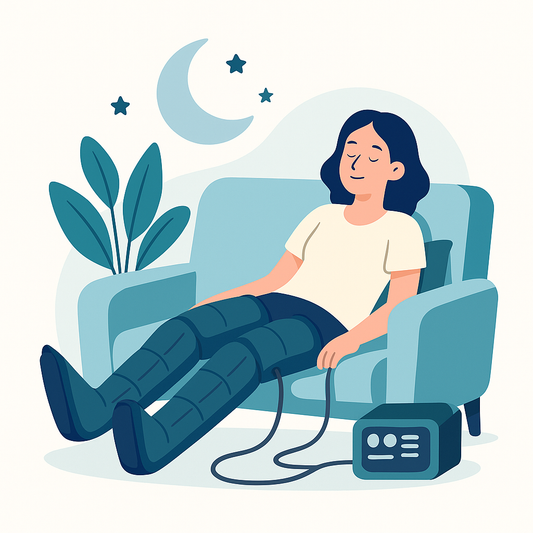 Femme détendue sur un canapé avec des bottes de pressothérapie, profitant d’une séance relaxante favorisant la détente et le sommeil.
