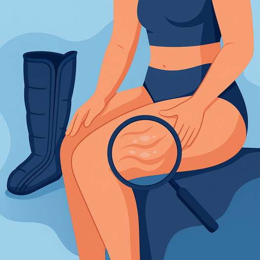 Illustration vectorielle d’une femme observant la cellulite sur sa cuisse, avec une botte de pressothérapie à côté, symbolisant le traitement naturel par compression.