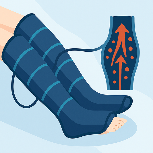 Illustration montrant des bottes de pressothérapie activant la circulation sanguine avec flèches rouges symbolisant le retour veineux.