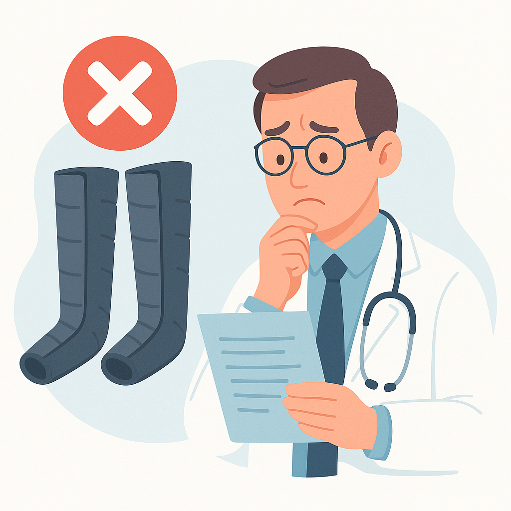 Illustration d’un médecin examinant des bottes de pressothérapie avec un signe d’avertissement, symbolisant les contre-indications possibles de la pressothérapie.