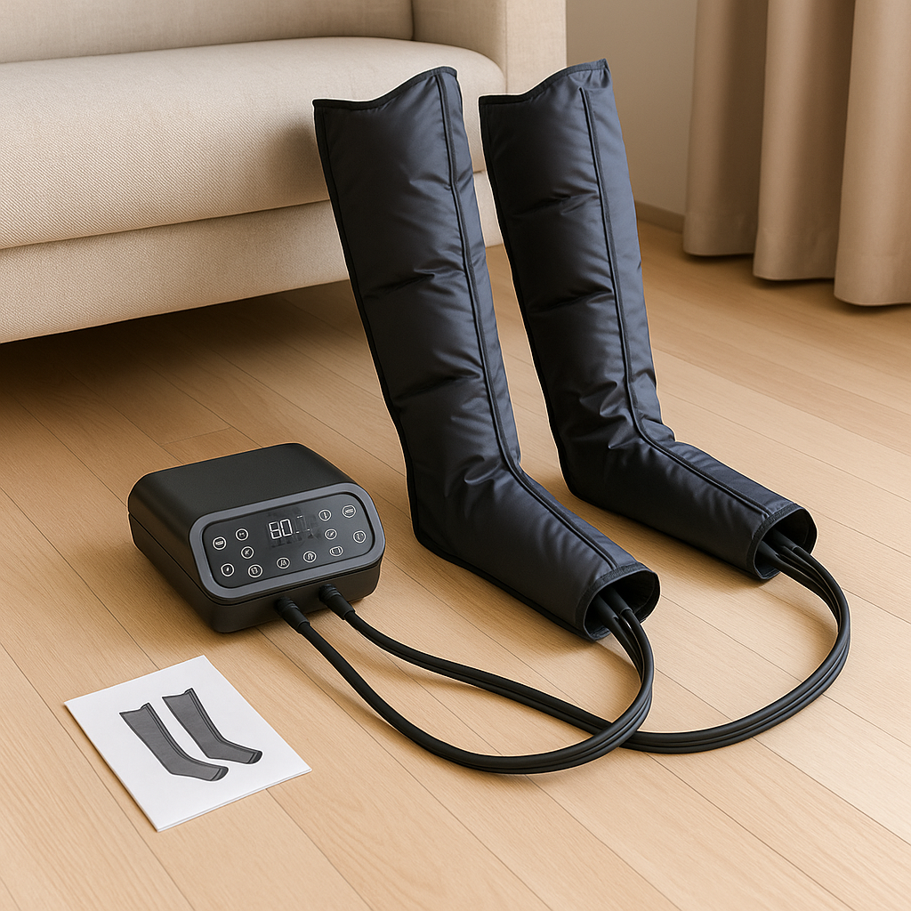 Illustration d’un appareil de pressothérapie à domicile avec des bottes connectées à une unité de contrôle, représentant le choix et l’utilisation à la maison.