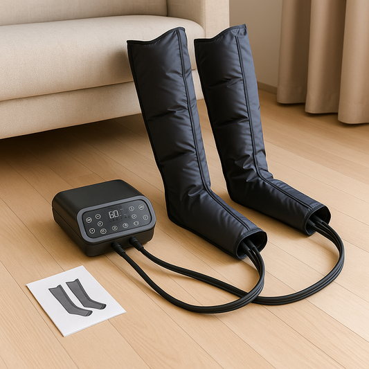 Illustration d’un appareil de pressothérapie à domicile avec des bottes connectées à une unité de contrôle, représentant le choix et l’utilisation à la maison.