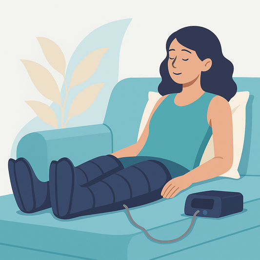 Illustration d’une femme détendue sur un canapé portant des bottes de pressothérapie pour soulager les jambes lourdes naturellement.