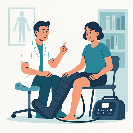 Illustration d’un kinésithérapeute expliquant une séance de pressothérapie médicale à une patiente équipée d’une botte de pressothérapie.