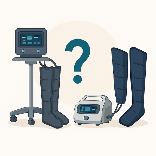 Illustration comparant un appareil de pressothérapie professionnel et un appareil à domicile, représentant le choix entre les deux options.