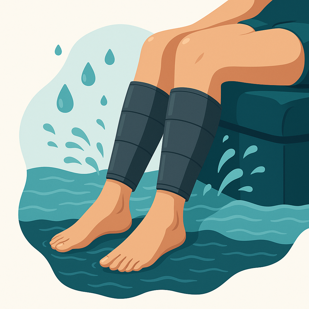 Illustration vectorielle d’une personne assise portant des bottes de pressothérapie sur les jambes, symbolisant la réduction naturelle de la rétention d’eau.