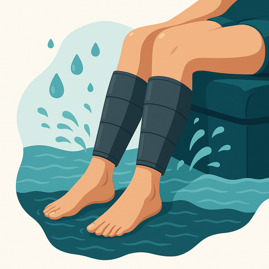 Illustration vectorielle d’une personne assise portant des bottes de pressothérapie sur les jambes, symbolisant la réduction naturelle de la rétention d’eau.
