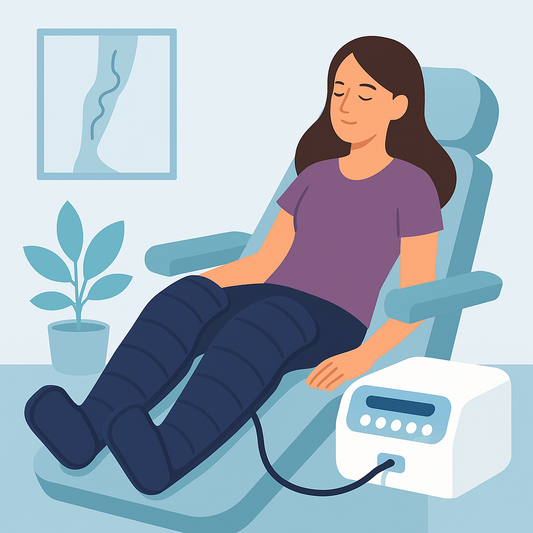 Illustration vectorielle d’une femme profitant d’une séance de pressothérapie avec des bottes à air, illustrant la fréquence idéale pour obtenir des résultats visibles.