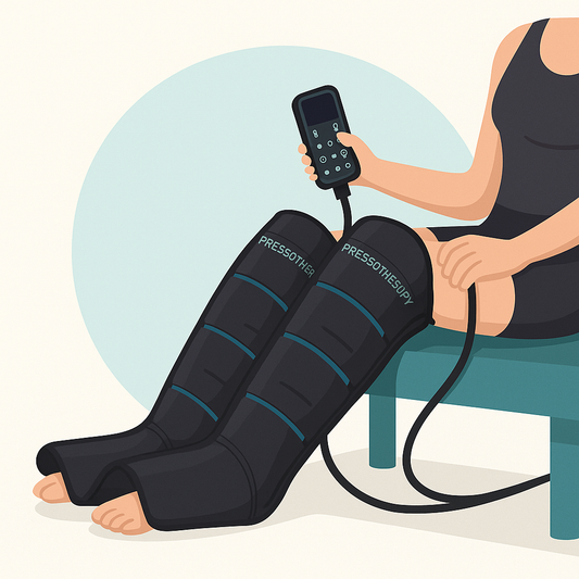 Illustration vectorielle d’une personne utilisant des bottes de pressothérapie noires connectées à une télécommande, représentant une séance de massage par air.