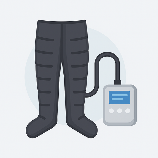 Illustration vectorielle d’un pantalon de pressothérapie connecté à un appareil de contrôle, sur fond clair minimaliste.