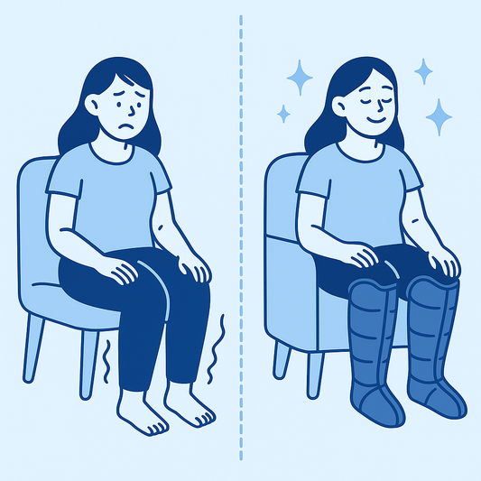 Illustration avant et après pressothérapie montrant une femme détendue avec des jambes légères