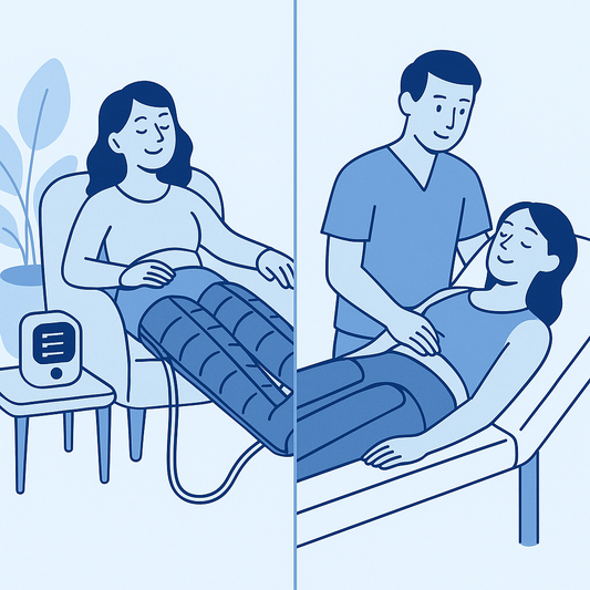Illustration comparant une séance de pressothérapie à domicile avec appareil et une séance de pressothérapie en institut avec thérapeute.