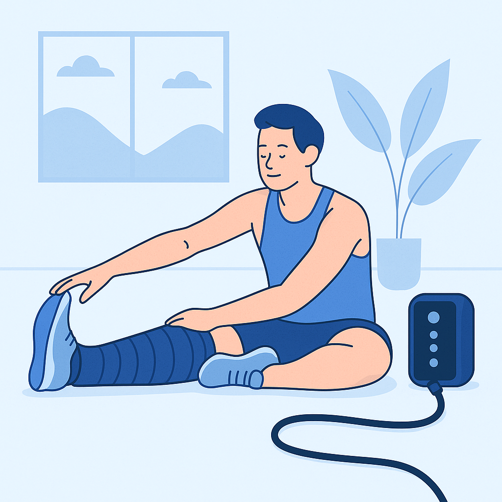 llustration vectorielle d’une personne effectuant des étirements après une séance de sport, utilisant ensuite un appareil de pressothérapie TheroPRESS™ pour une récupération complète et relaxante.