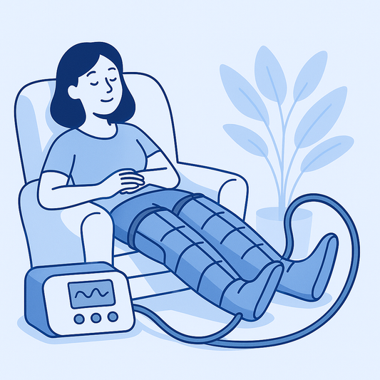 Illustration d’une femme utilisant des bottes de pressothérapie à domicile après le travail pour soulager ses jambes lourdes.