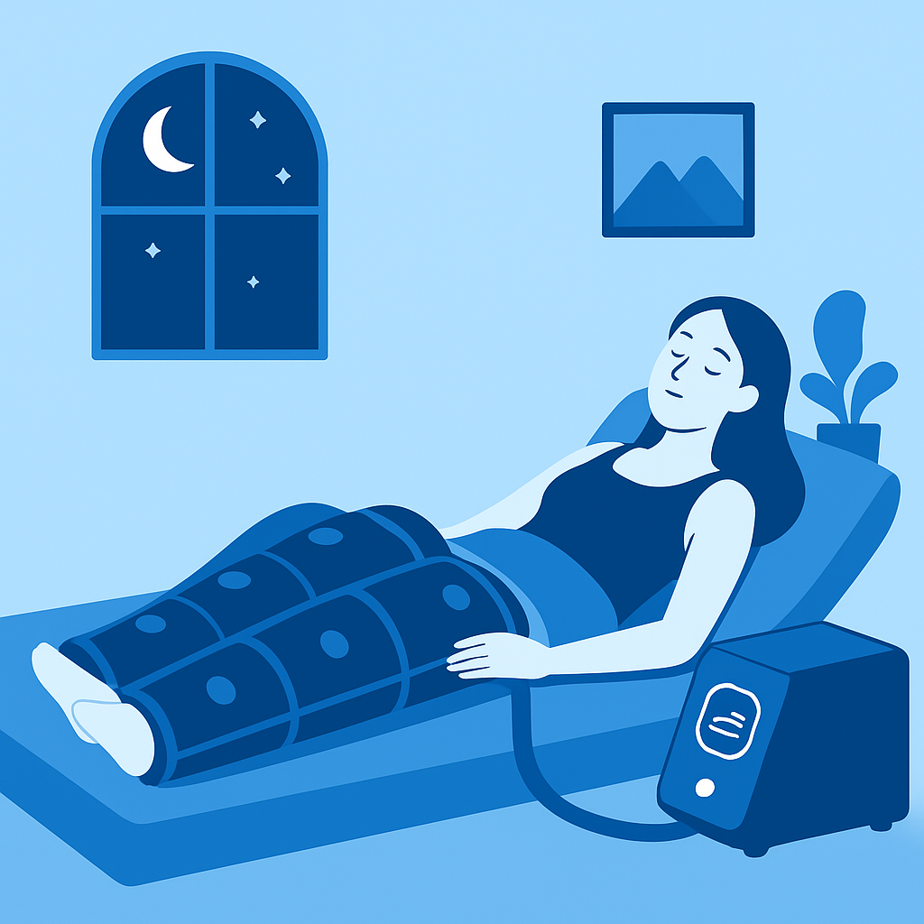 Femme se relaxant pendant une séance de pressothérapie pour améliorer la qualité du sommeil et faciliter l’endormissement