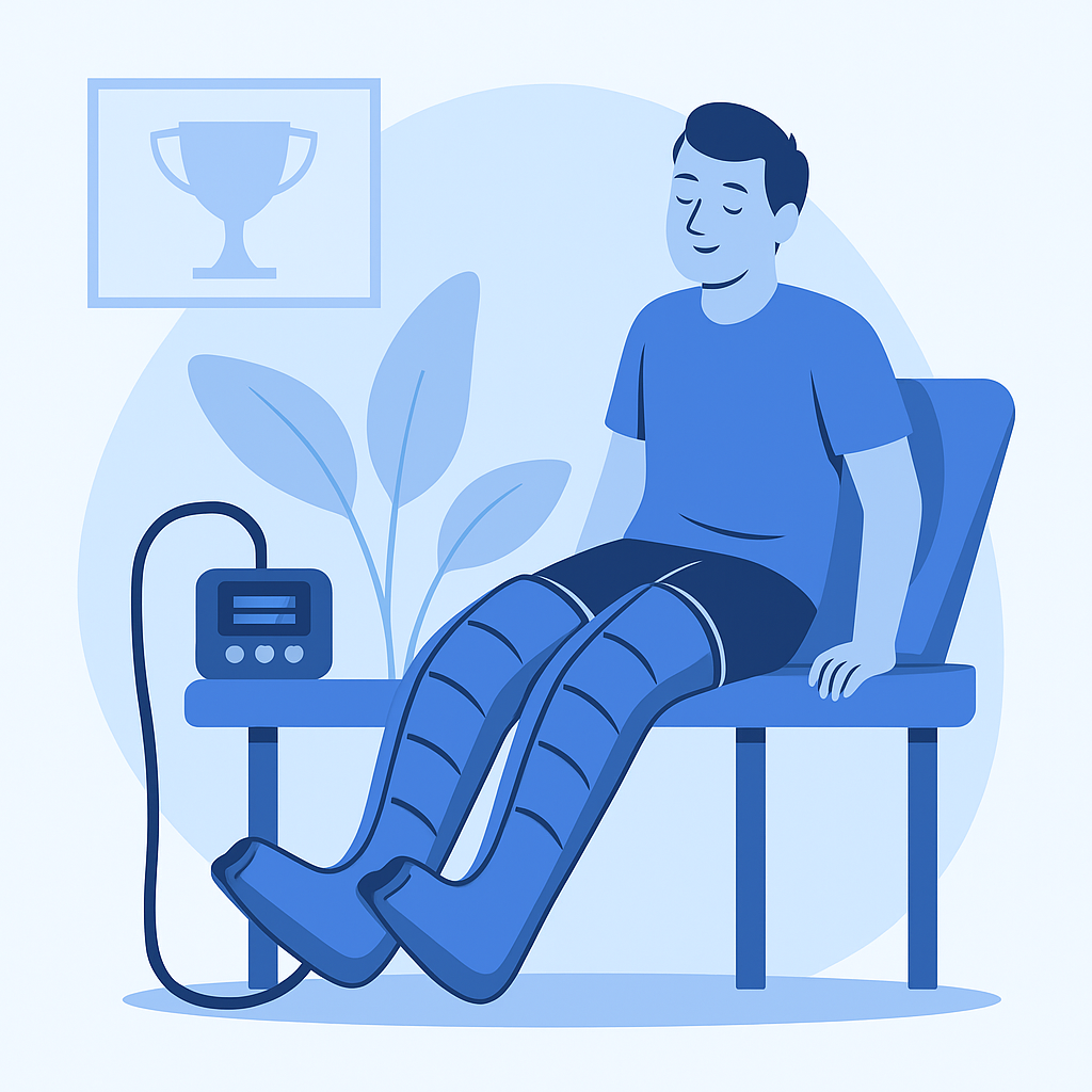 Illustration montrant un athlète utilisant un appareil de pressothérapie TheroPRESS™ après l’entraînement pour favoriser la récupération musculaire et améliorer les performances sportives.