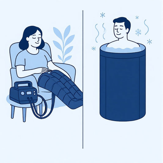 Illustration comparant la pressothérapie à domicile et la cryothérapie pour la récupération musculaire.